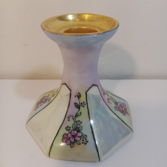 Candlestick Holder Porcelain Pink Purple Lavender Gold Floral Made In Germany - Picture 1 of 7